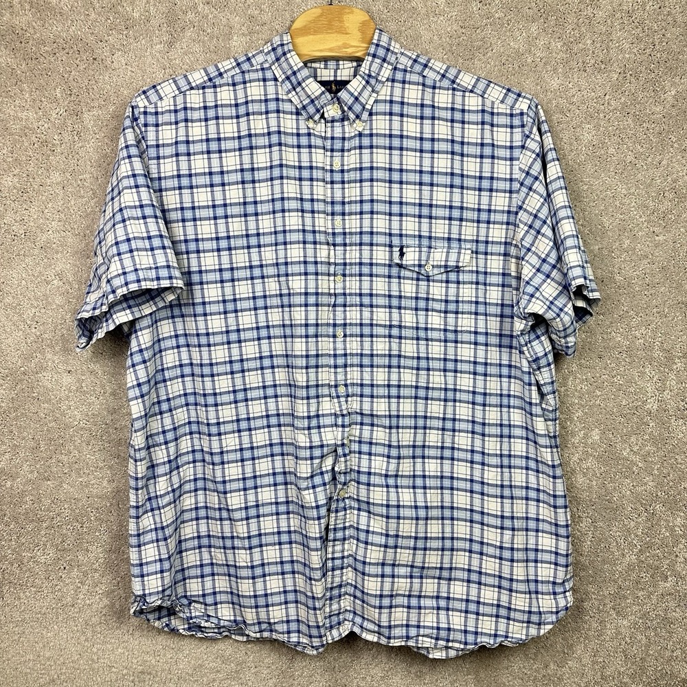 Ralph Lauren Shirt Mens 4XLT Gingham Check Short Sleeve Button Down Polo Blue